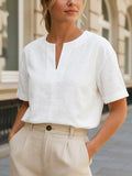 Oshun™ | Camisa informal de algodón y lino de manga corta, elegante y de color liso para mujer.