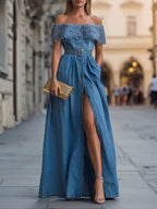 Lustra™ | Vestido largo de mezclilla con parches de encaje para mujer