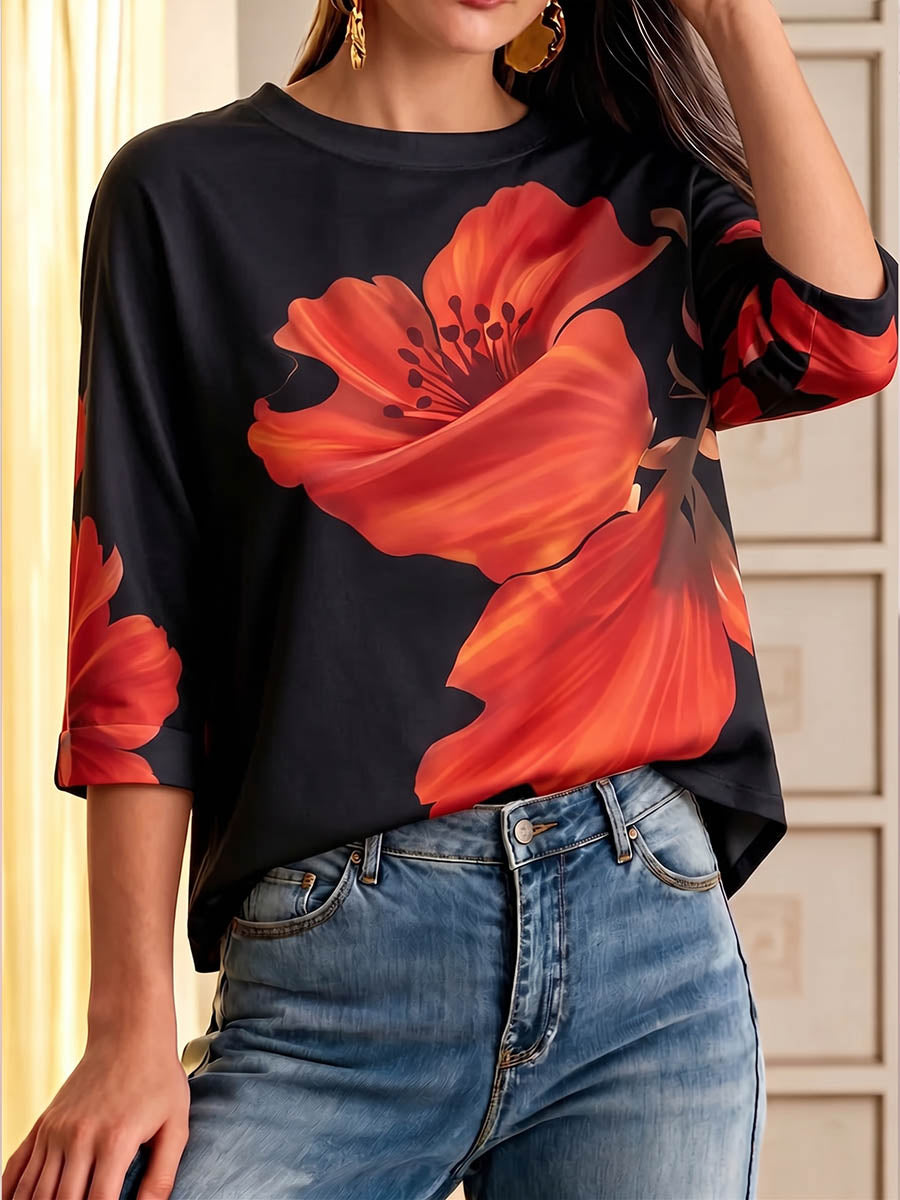 Women's Casual Loose-fit Cotton Top With Placement Print Crew Neck And 3/4 Sleeves