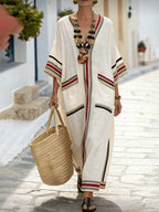 Women's Casual Loose Cotton-linen Dress With Placement Print V-neck And 3/4 Sleeves