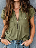 Lur™ | Camisa de mujer con cremallera, bolsillos elegantes, estilo casual, de algodón y lino.