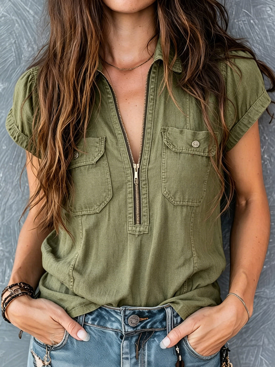 Lur™ | Camisa de mujer con cremallera, bolsillos elegantes, estilo casual, de algodón y lino.