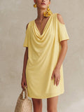 Off-the-shoulder Cowl-neck Straight-cut Mini Dress