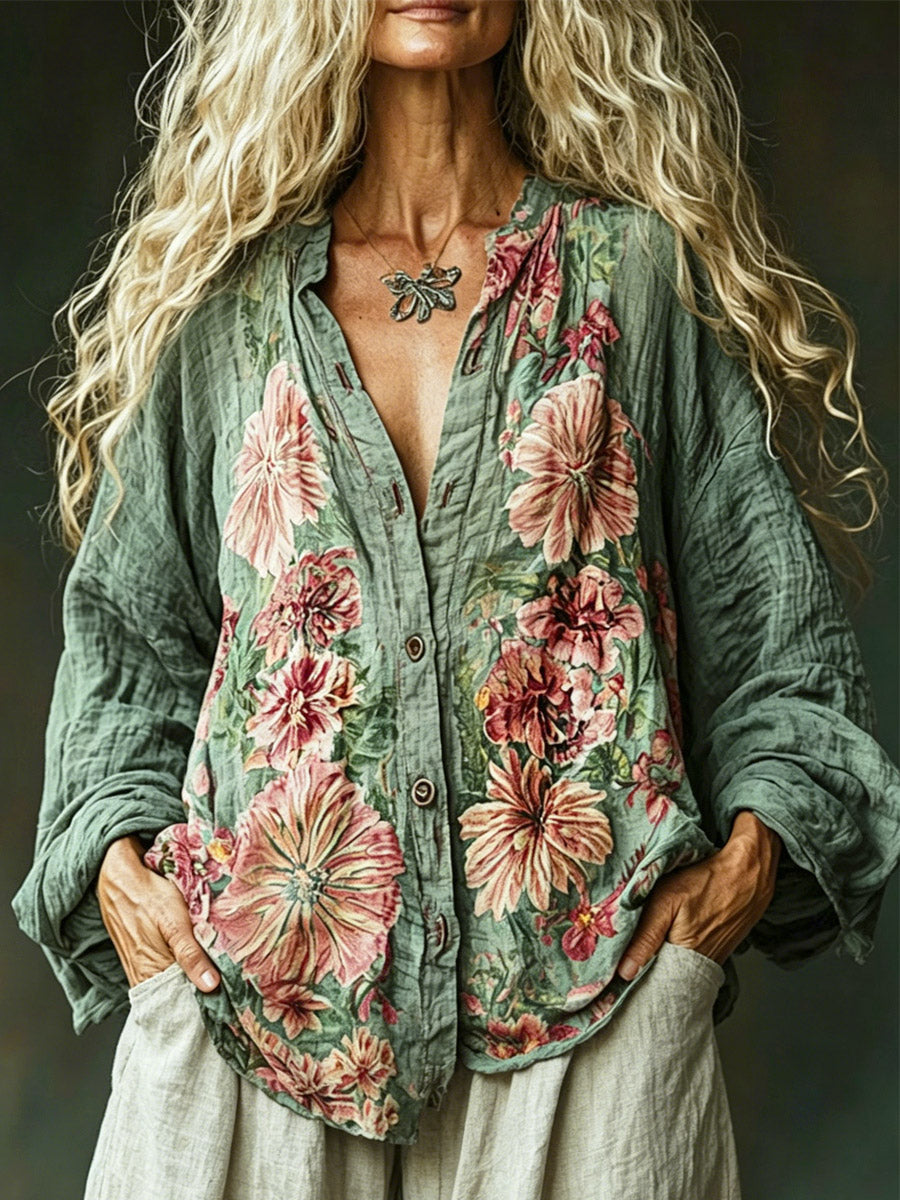 Zael™ | Camisa informal de algodón y lino para mujer con estampado floral retro