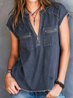 Ivel™ | Camisa vaquera informal de mujer con cremallera retro y bolsillos.