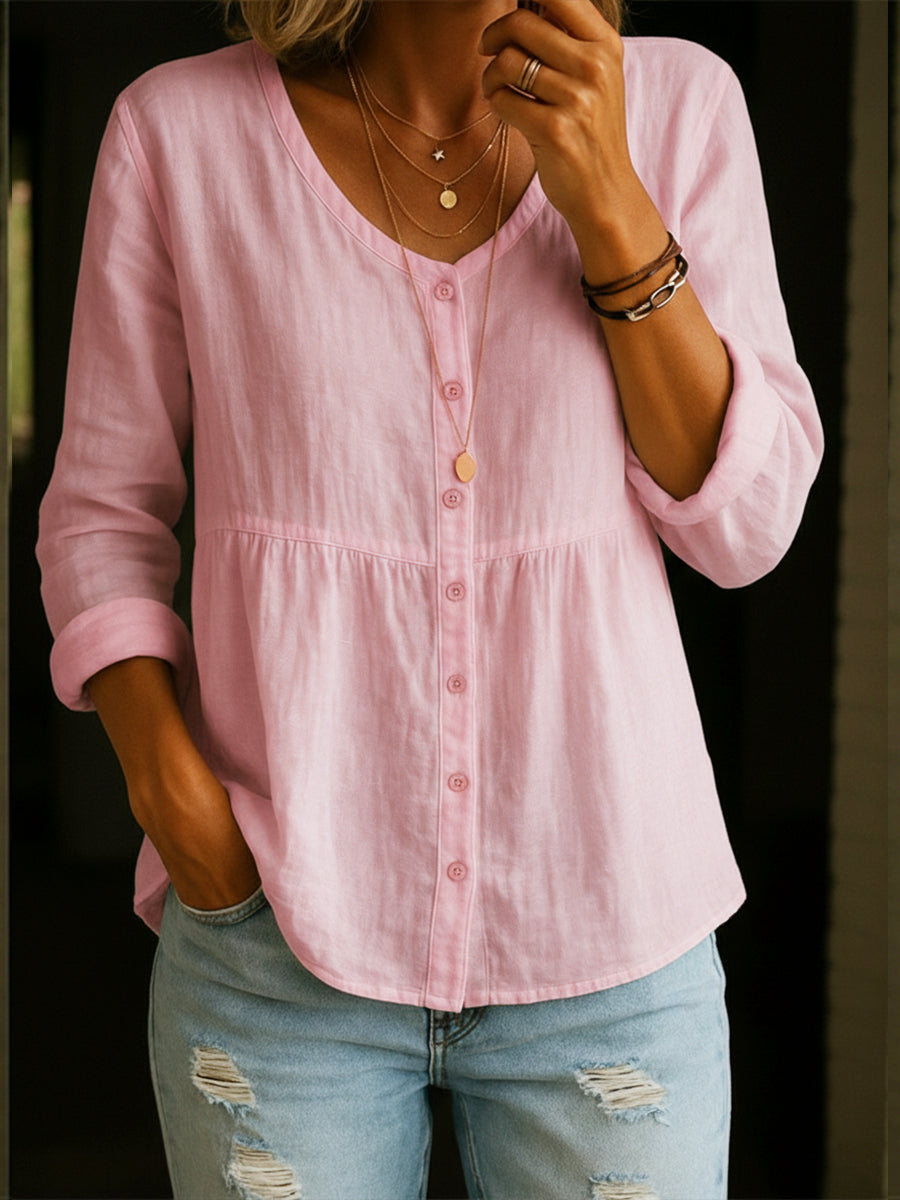 Women's Linen Cotton Blend Shirt - 3/4 Sleeve Crew Neck Loose Hip-Length Casual Blouse
