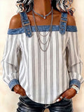 Women's Striped Print Long-sleeve Casual Loose Off-shoulder Denim-paneled Top