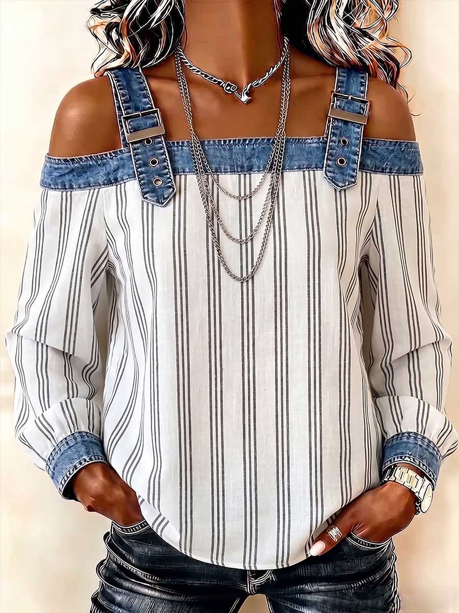 Women's Striped Print Long-sleeve Casual Loose Off-shoulder Denim-paneled Top