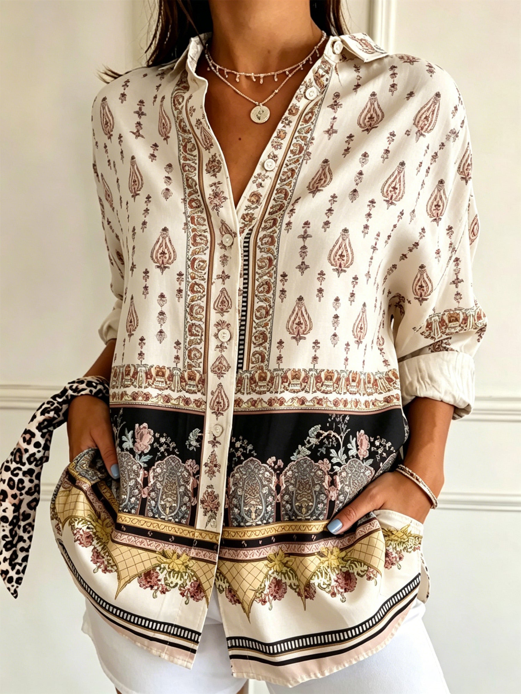 Vael™ | Camisa informal de manga larga de estilo vintage para mujer — Estampado retro de tótems