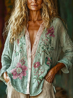 Muna™ | Camisa informal de algodón y lino con estampado floral retro para mujer.