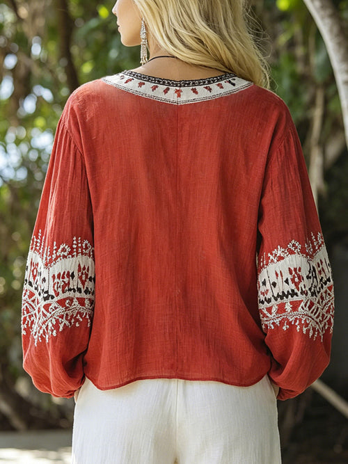 Ephy™ | Camisa informal de algodón y lino con estampado étnico retro para mujer.