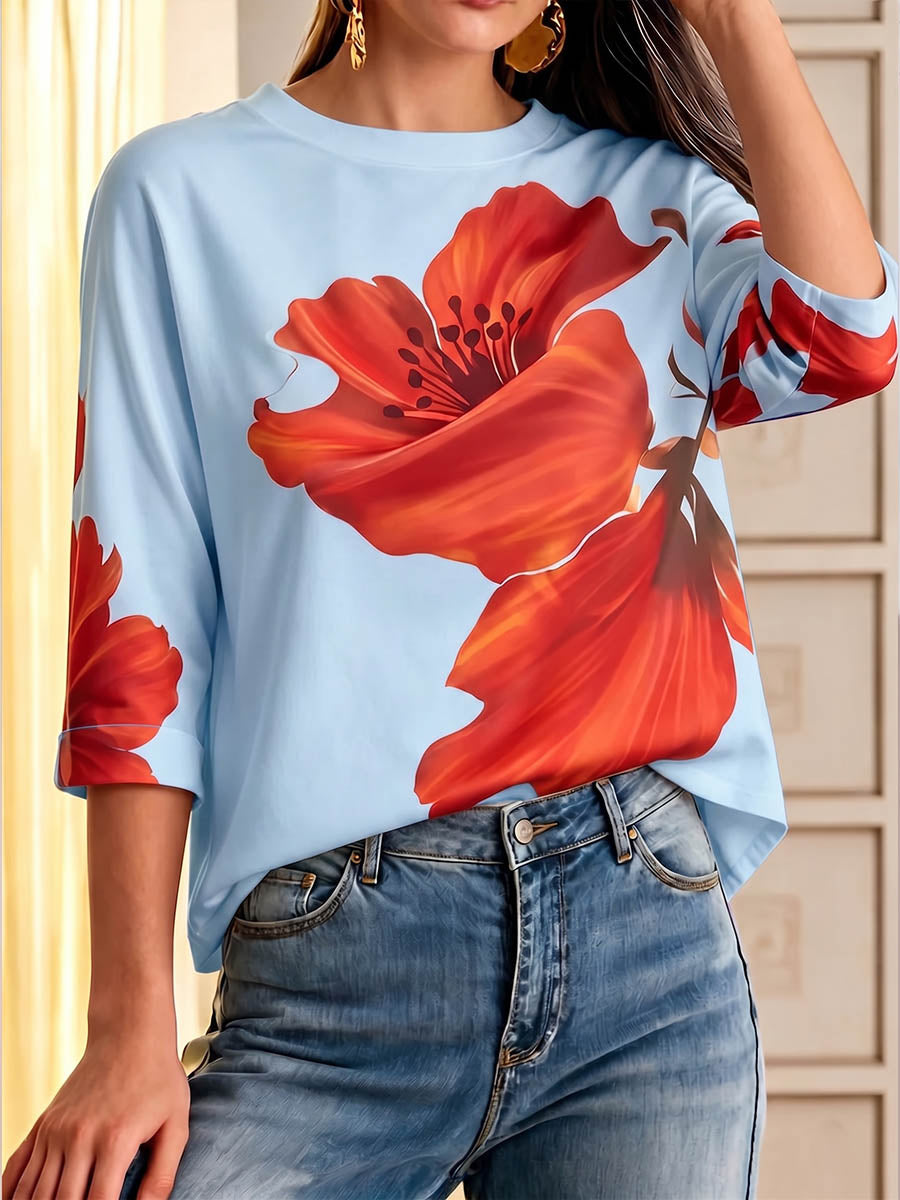 Women's Casual Loose-fit Cotton Top With Placement Print Crew Neck And 3/4 Sleeves