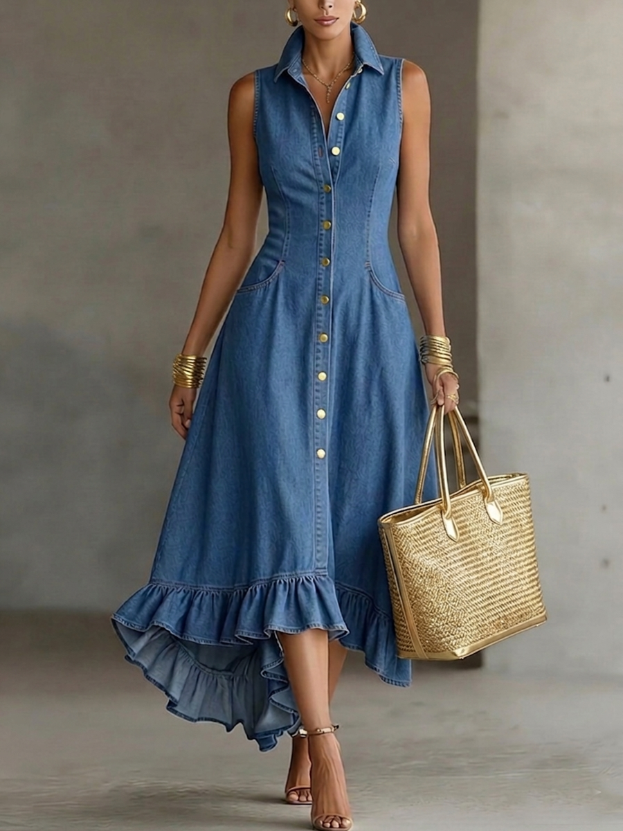 Voltex™ | Elegante vestido midi vaquero con solapa y botones en la parte delantera