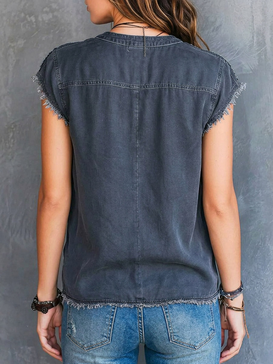 Ivel™ | Camisa vaquera informal de mujer con cremallera retro y bolsillos.