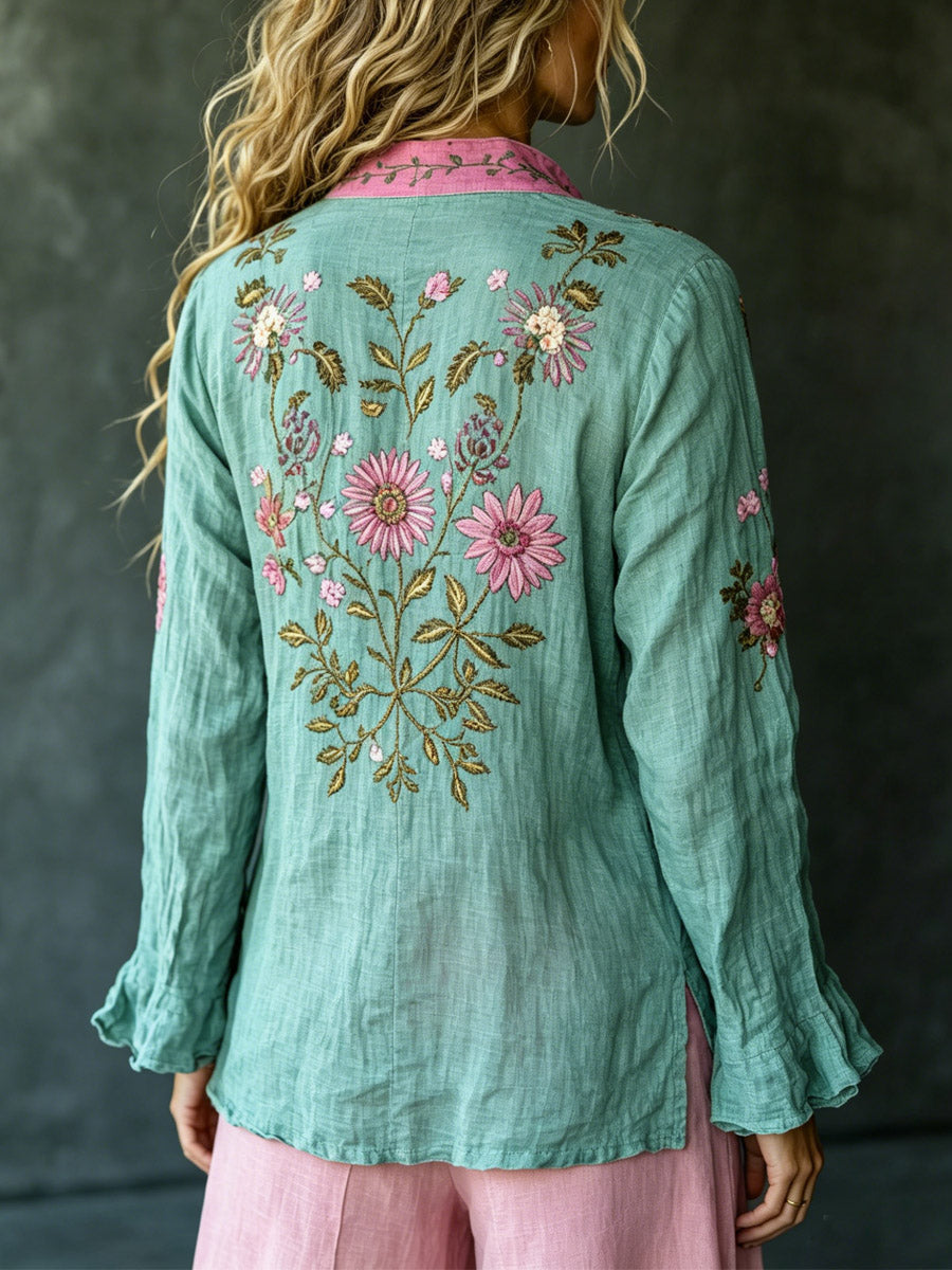 Camisa informal de algodón y lino con estampado floral retro para mujer.