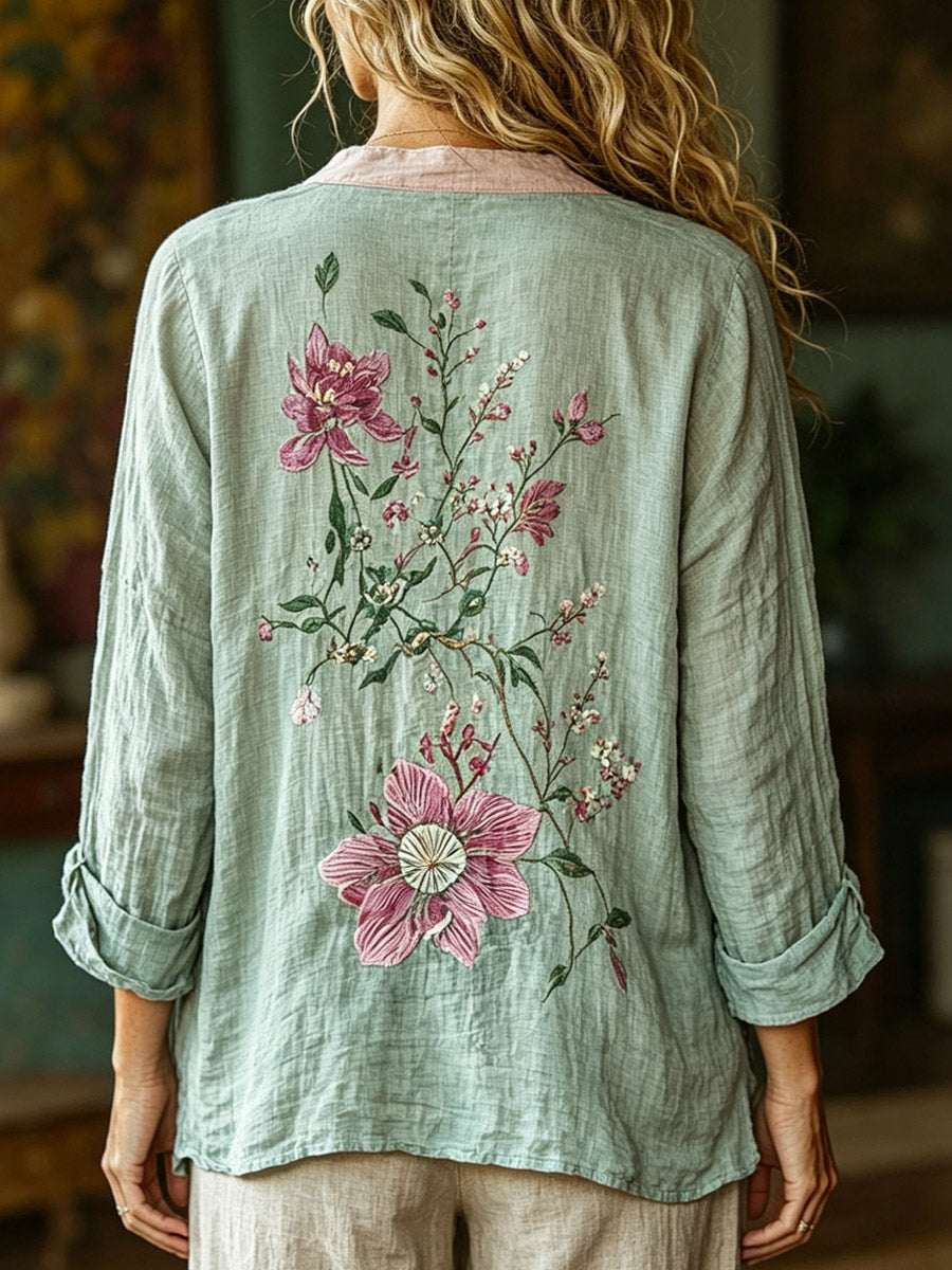 Muna™ | Camisa informal de algodón y lino con estampado floral retro para mujer.