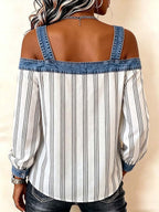 Women's Striped Print Long-sleeve Casual Loose Off-shoulder Denim-paneled Top