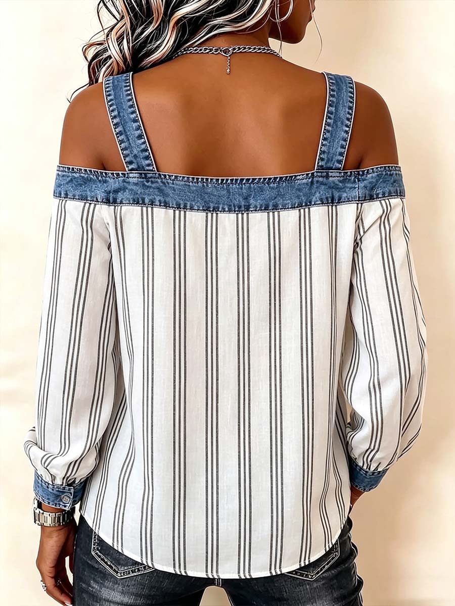 Women's Striped Print Long-sleeve Casual Loose Off-shoulder Denim-paneled Top