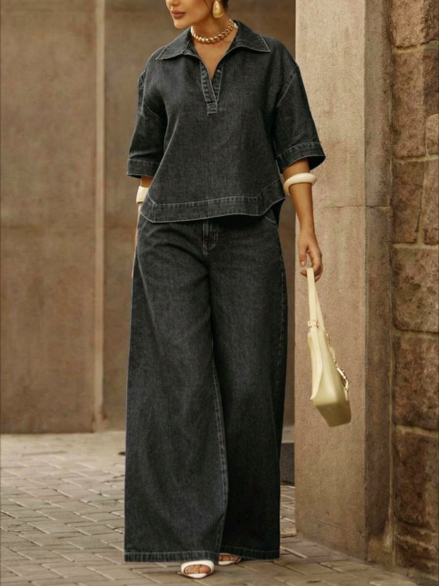 Orizon™ | Conjunto de dos piezas para mujer: top informal de denim 100 % algodón y pantalones de pierna ancha