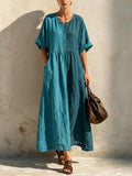 Round Neck Notch Placket Gathered Rolled Cuff Linen-cotton Swing Dress