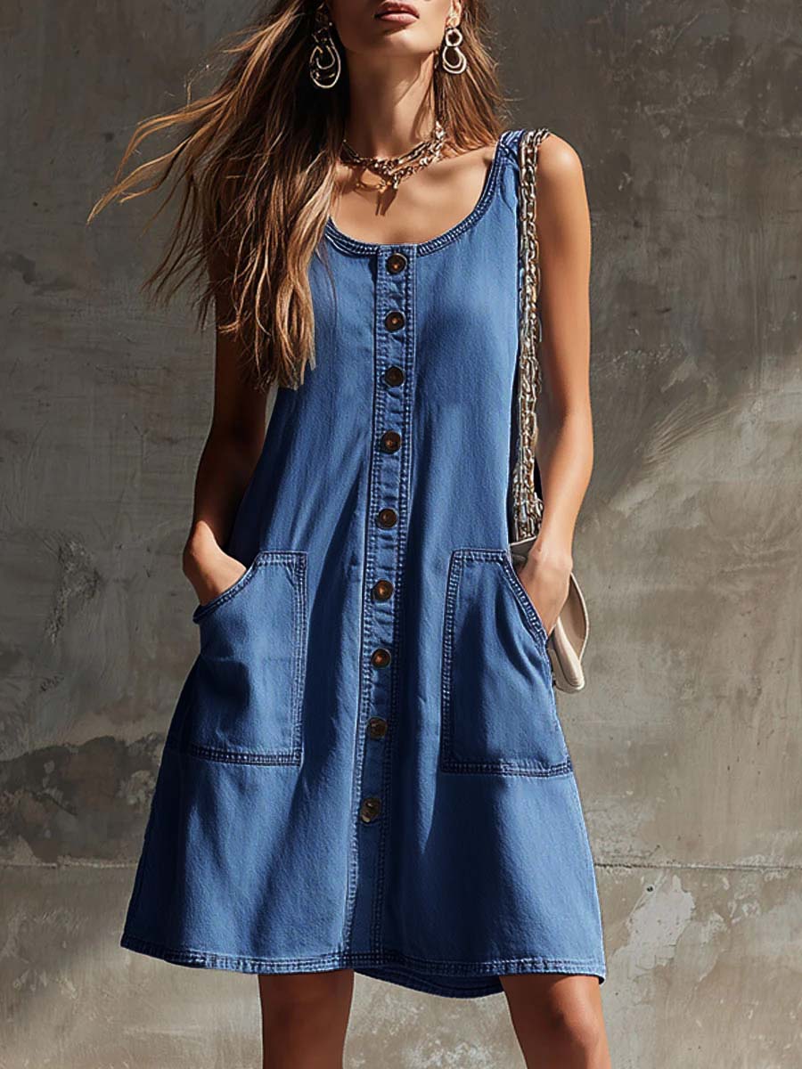 Brilla™ | Vestido informal holgado de denim sin mangas y cuello redondo para mujer