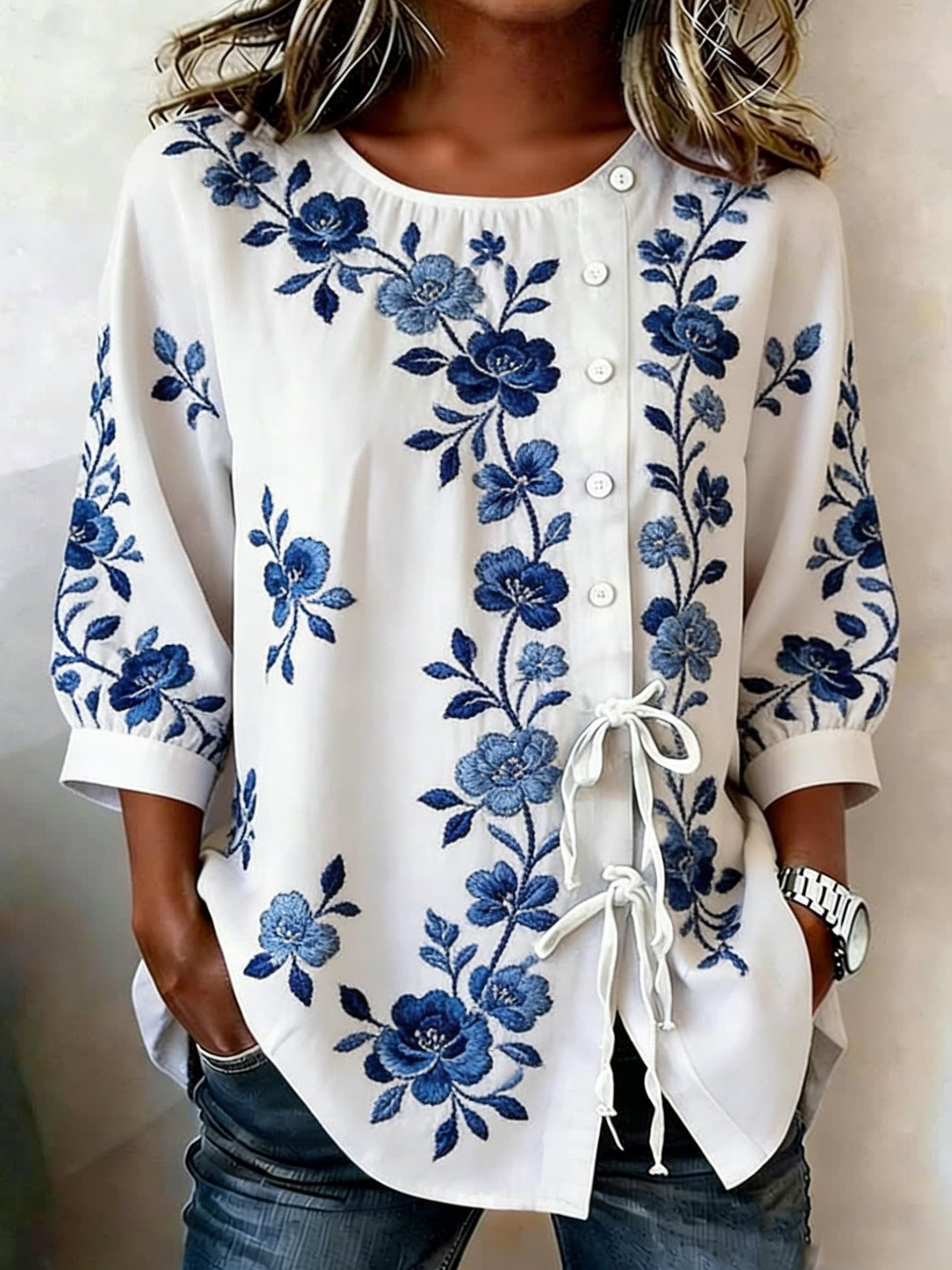 Maren™ | Camisa de mujer abotonada con estampado floral, de mezcla de lino