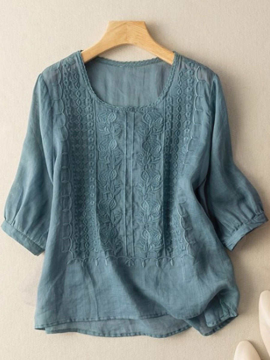 Vesperia™ | Camiseta informal de algodón y lino con estampado floral