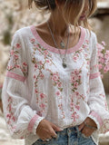 Ondine™ | Top de estilo vintage informal, de algodón y lino, con patchwork bordado floral y estampado
