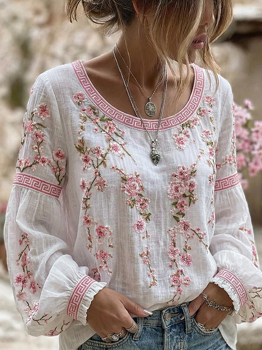 Ondine™ | Top de estilo vintage informal, de algodón y lino, con patchwork bordado floral y estampado