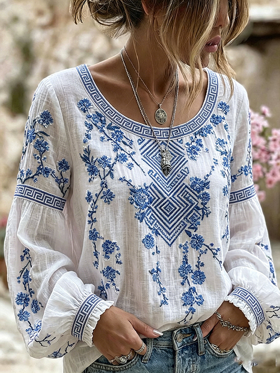 Sybil™ | Top informal de algodón y lino para mujer, con estampado floral vintage