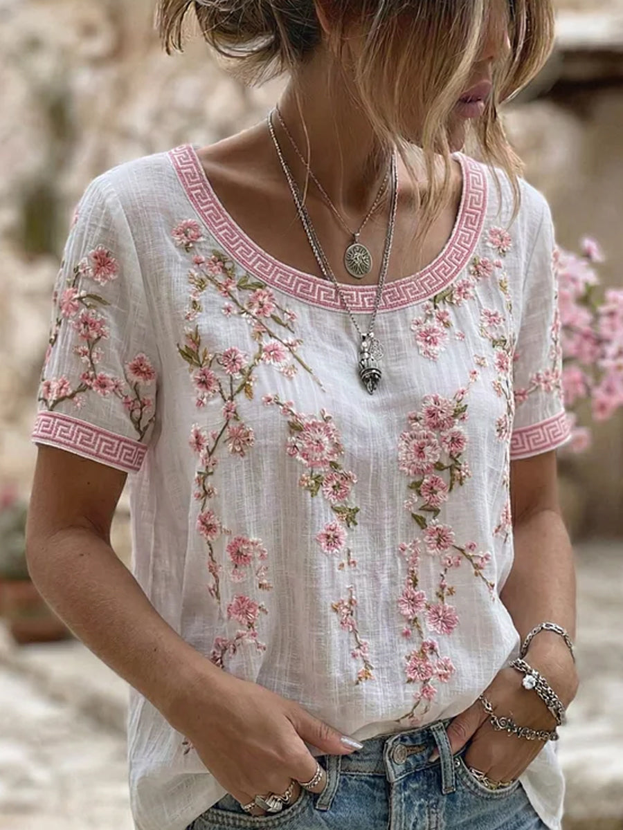 Zene™ | Camiseta informal de algodón y lino con estampado floral retro