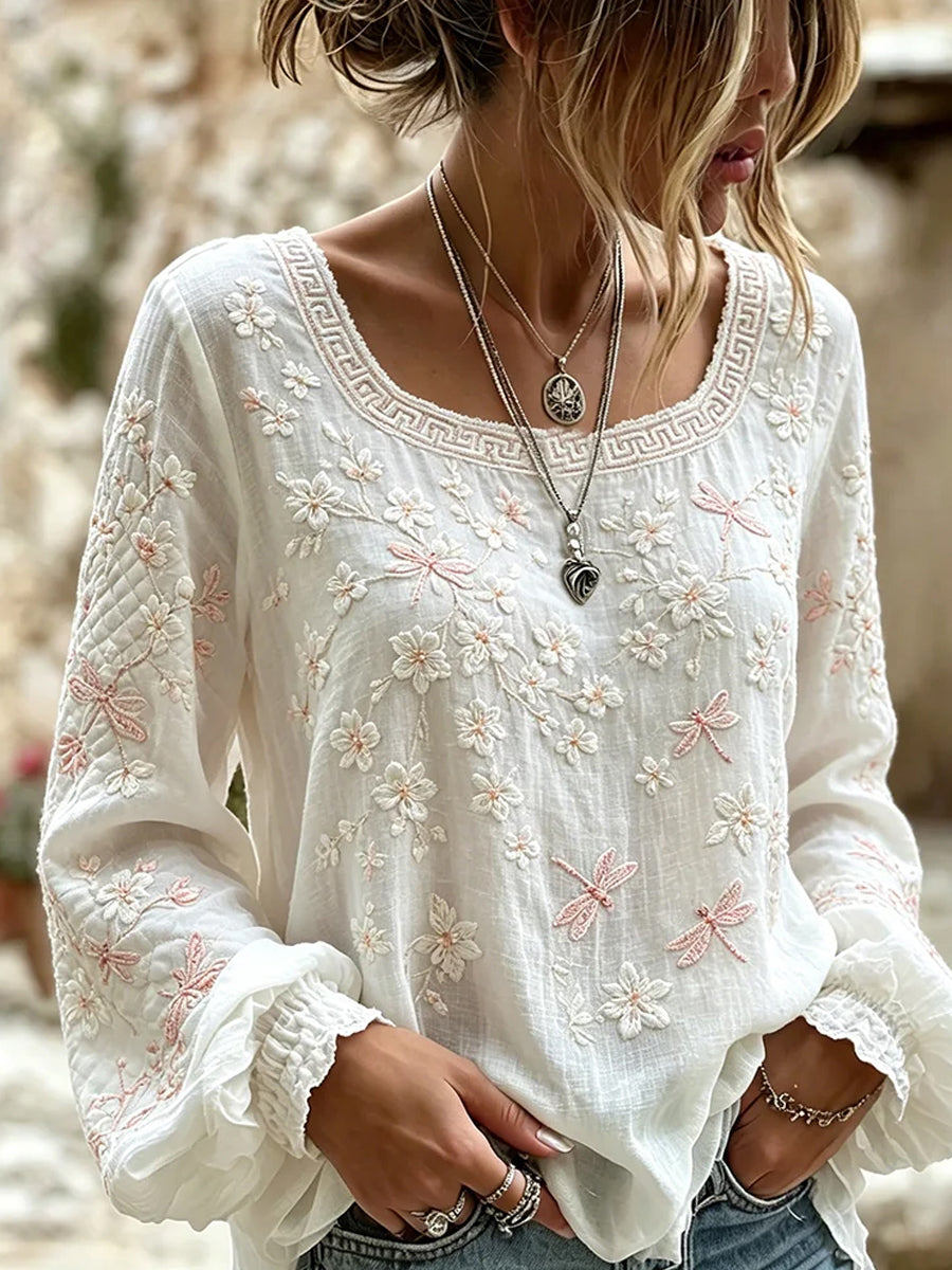 Kyra™ | Top informal de algodón y lino, con estampado floral vintage