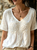 Oria™ | Camiseta elegante para mujer con el árbol de la vida, encaje floral, lazo celta y estampado de lino, de manga corta