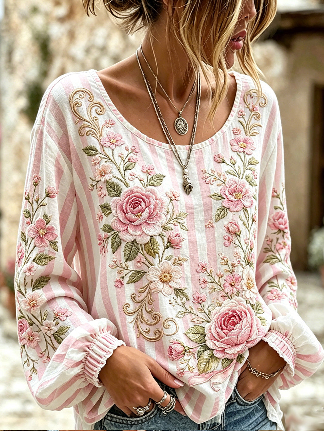 Zaelia™ | Camisón de mujer rosa con estampado floral, de algodón y lino