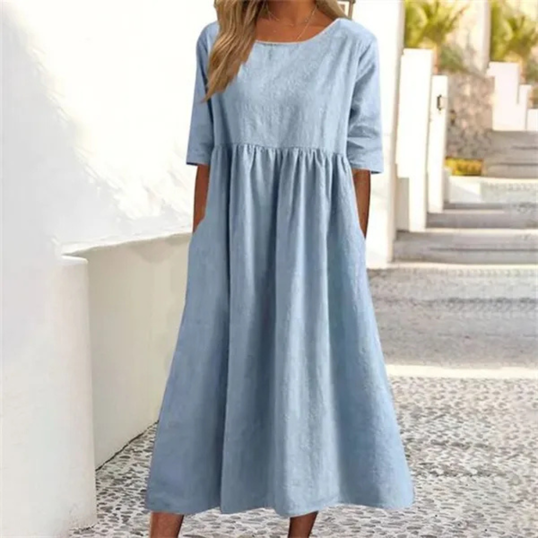 Kyra™ | Vestido de verano de mujer de corte en A, con cuello redondo y mangas 3/4 | Longitud midi