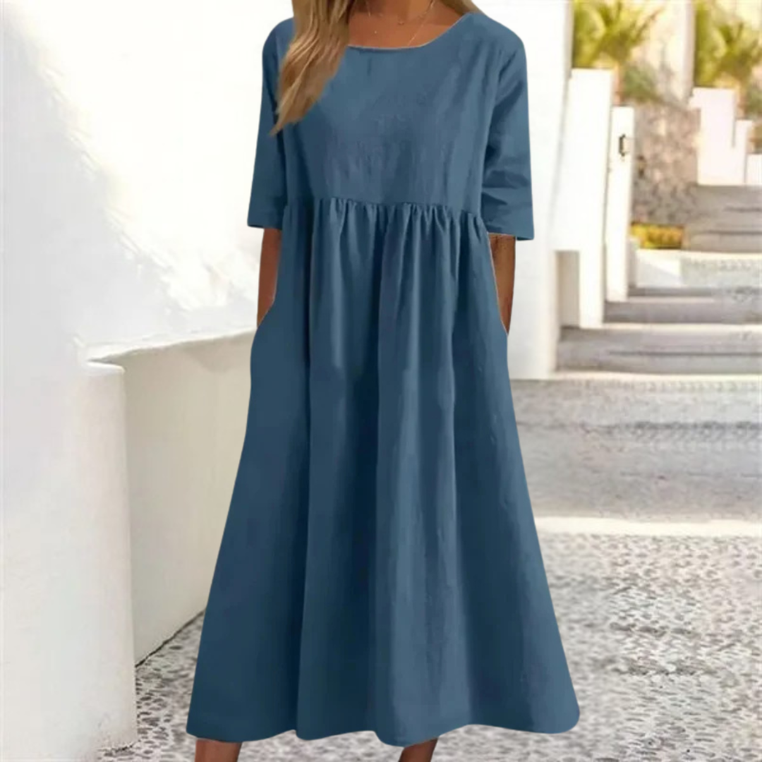 Kyra™ | Vestido de verano de mujer de corte en A, con cuello redondo y mangas 3/4 | Longitud midi