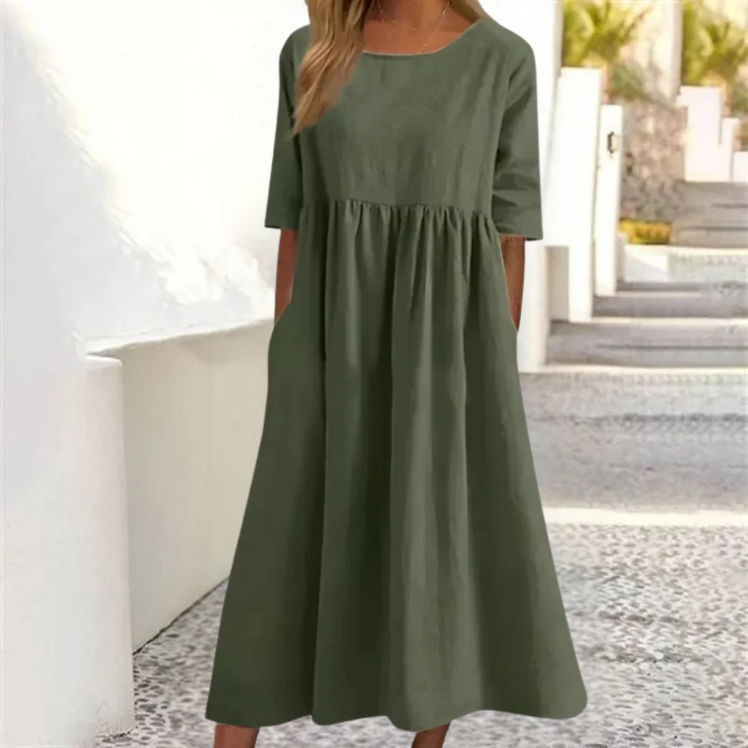 Kyra™ | Vestido de verano de mujer de corte en A, con cuello redondo y mangas 3/4 | Longitud midi