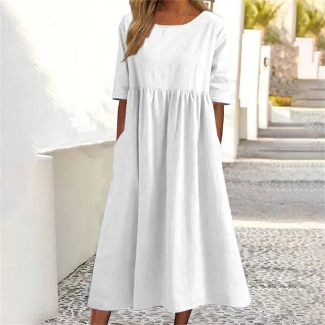 Kyra™ | Vestido de verano de mujer de corte en A, con cuello redondo y mangas 3/4 | Longitud midi