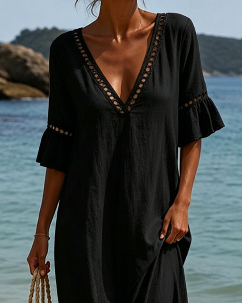 Deep V-Neck Ruffle Sleeve Hollow Lace Dress ✨