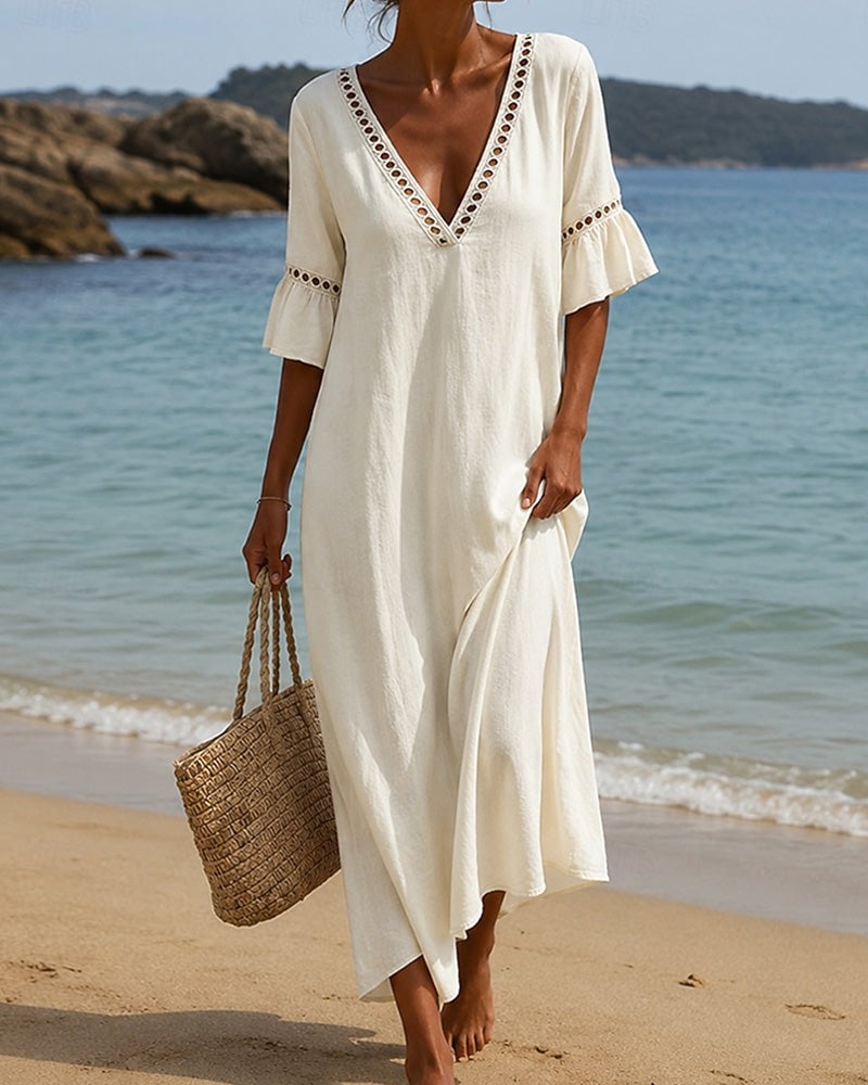Deep V-Neck Ruffle Sleeve Hollow Lace Dress ✨