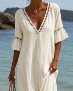 Deep V-Neck Ruffle Sleeve Hollow Lace Dress ✨