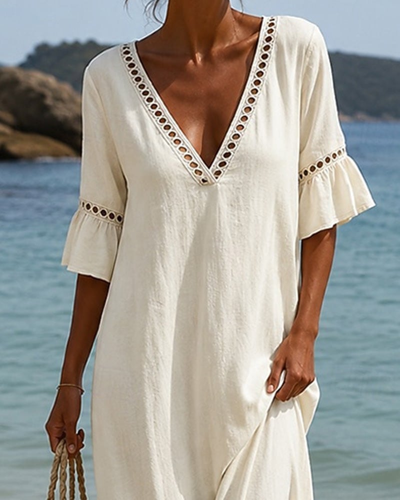 Deep V-Neck Ruffle Sleeve Hollow Lace Dress ✨