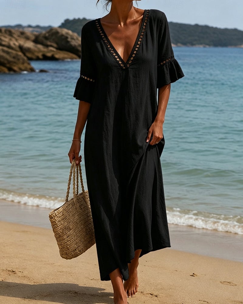 Deep V-Neck Ruffle Sleeve Hollow Lace Dress ✨