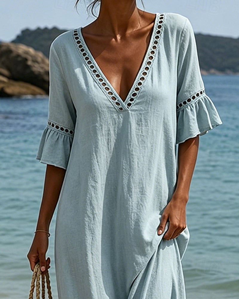 Deep V-Neck Ruffle Sleeve Hollow Lace Dress ✨